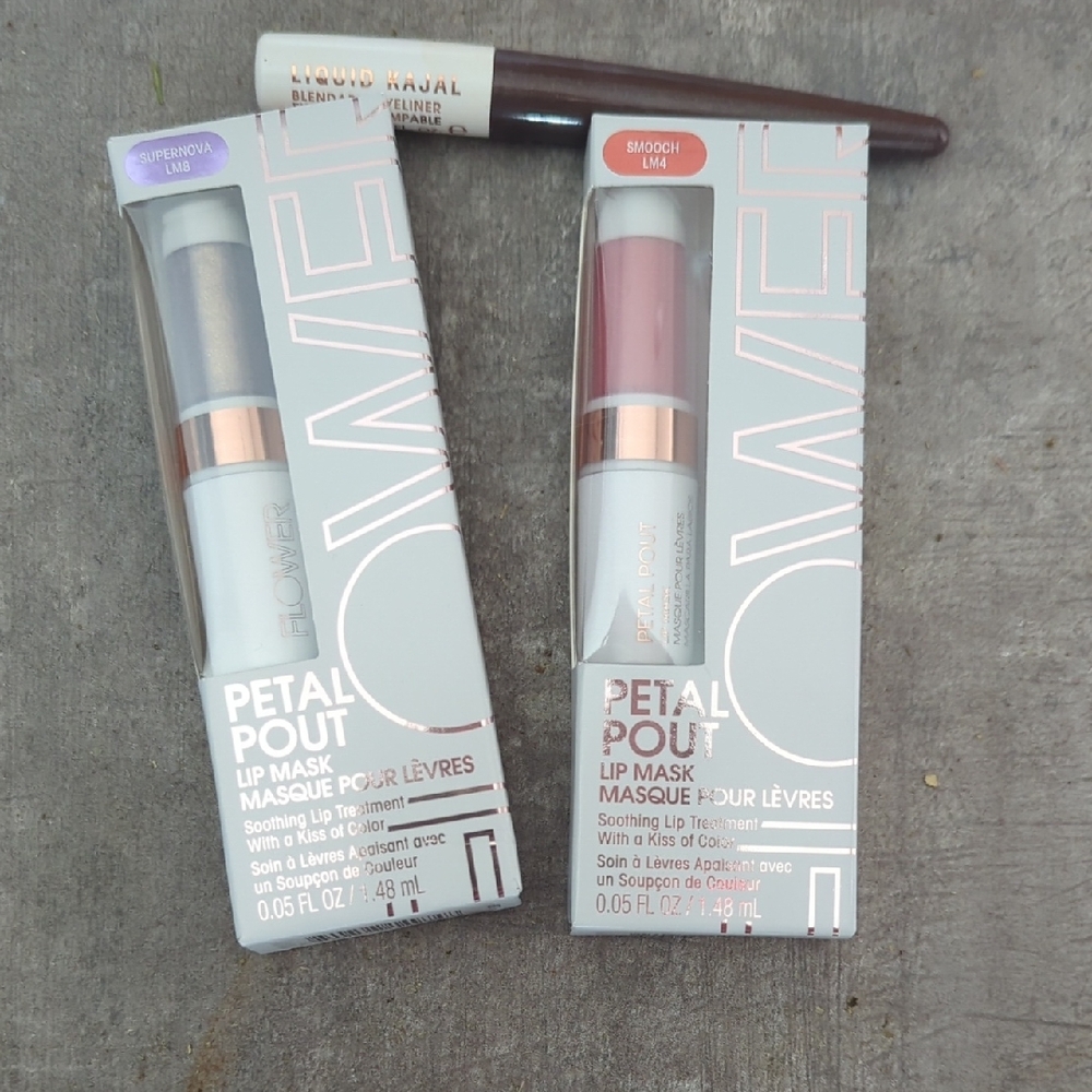 Flower Petal Pout Lip Mask In Supernova & Smooch. Flower Liquid Kajal Eyeliner